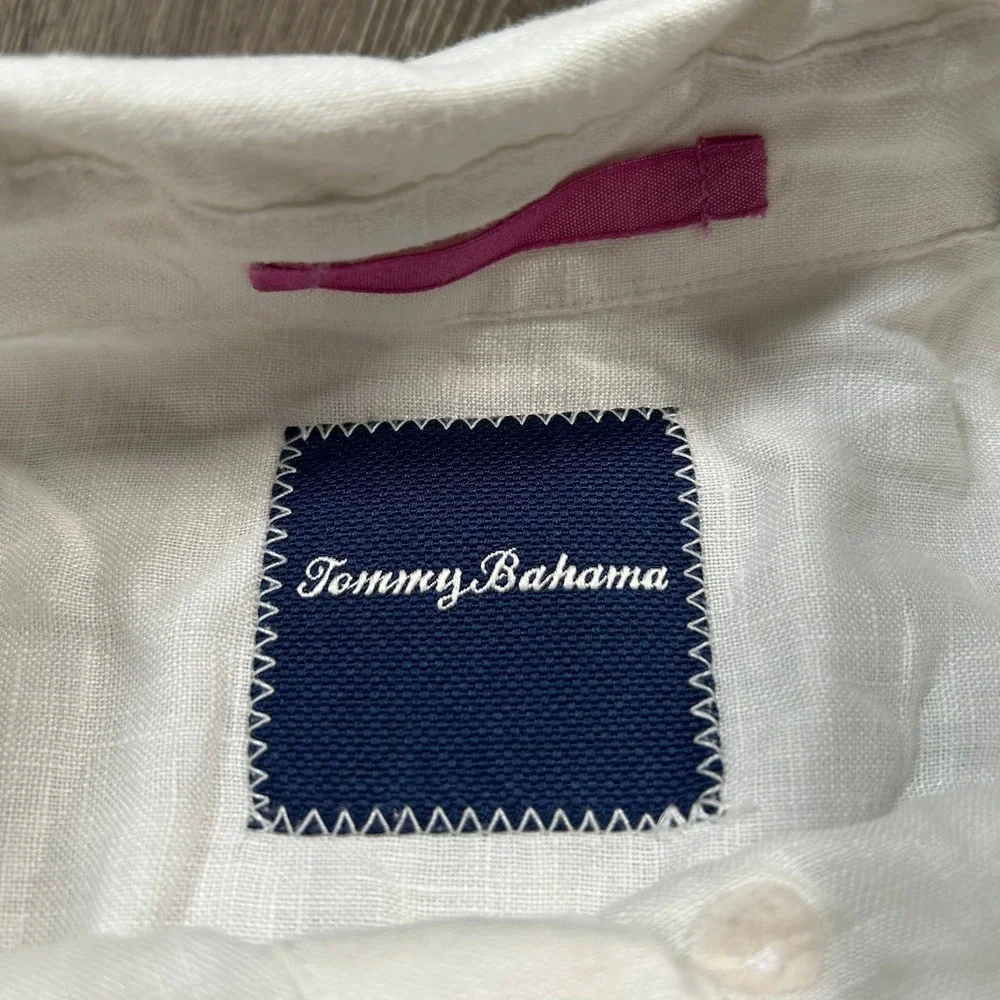 Tommy Bahama Button Down Shirt 2XB White Linen Tropical Palm Leaf Long Sleeve
